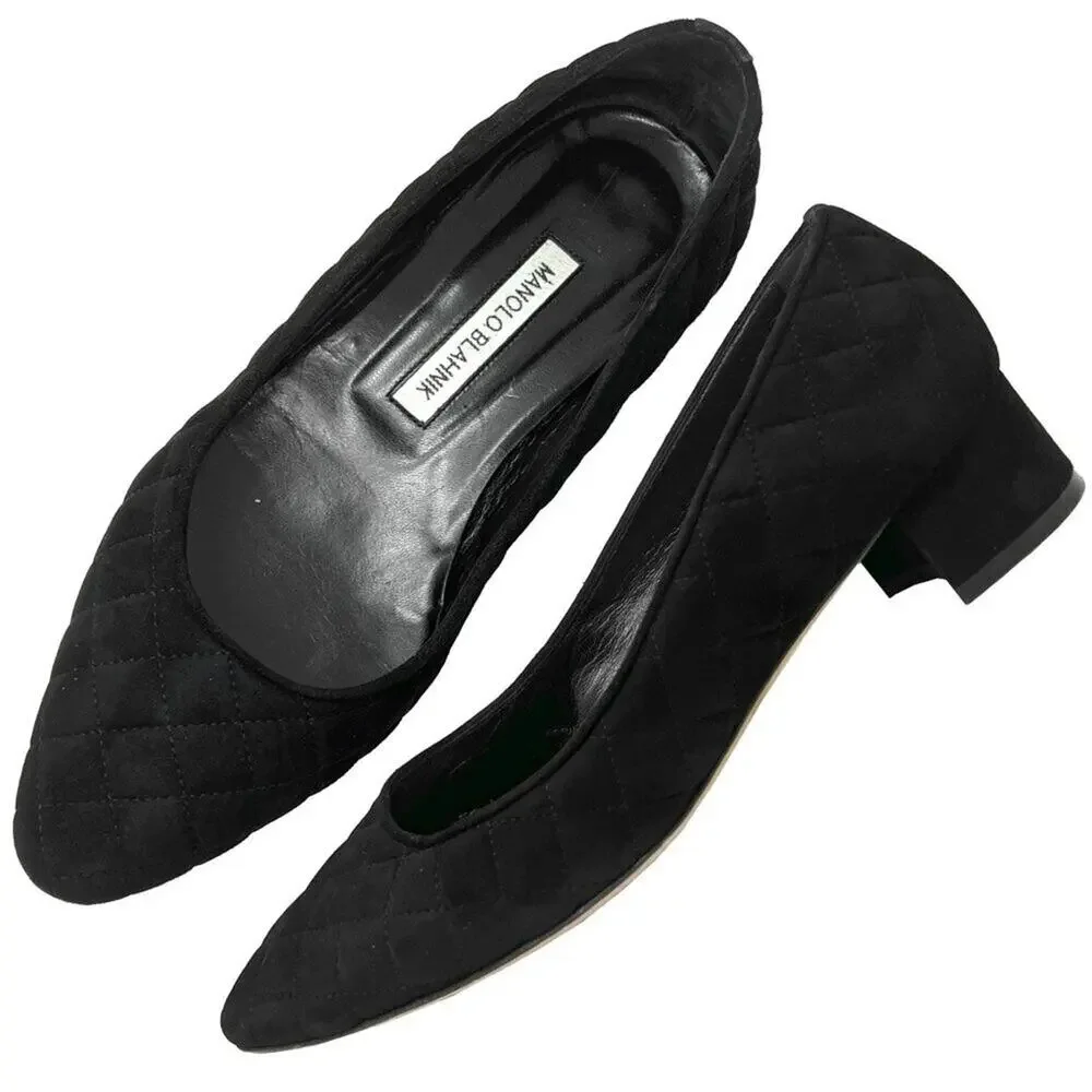 Manolo Blahnik Lisqui Quilted Suede Block Heel Pumps Black Size 39‎ US 9